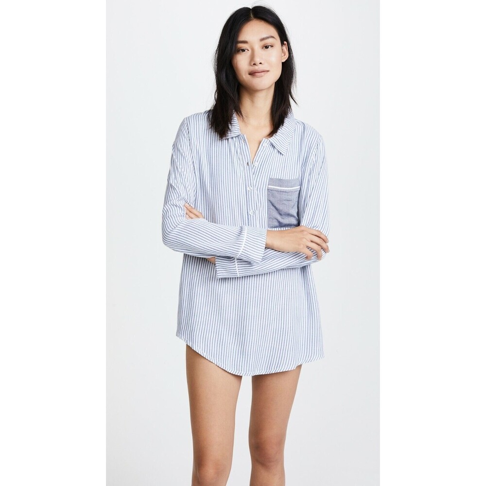 Plush Apparel Boyfriend Ultra Soft Sleep Shirt XS Chambray Blue Striped NWT B5